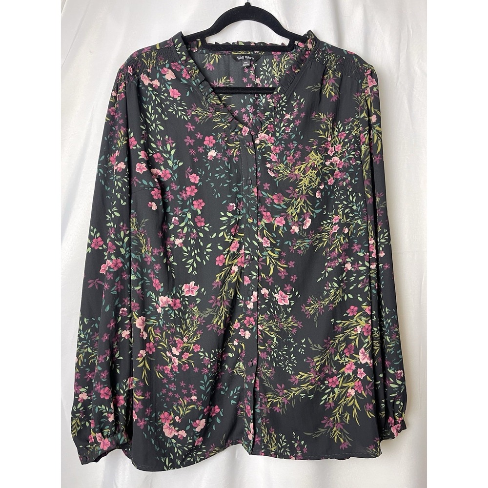 WELL WORN Black Pink Floral  V-Neck Button Up Shirt 2X Plus Size Womens Blouse